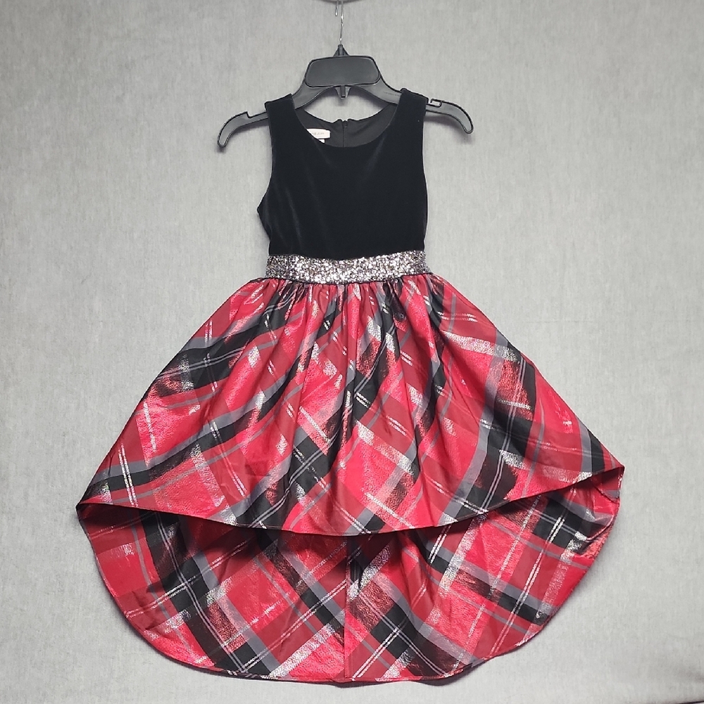 Bonnie Jean Red and Black Plaid Dress with Silver Waistband Size 7